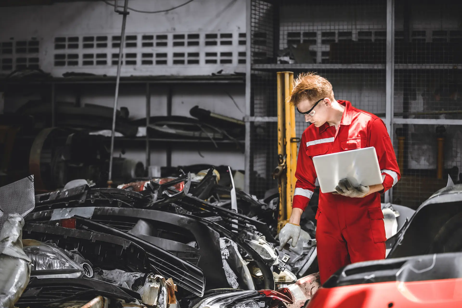 inspecting scrap cars